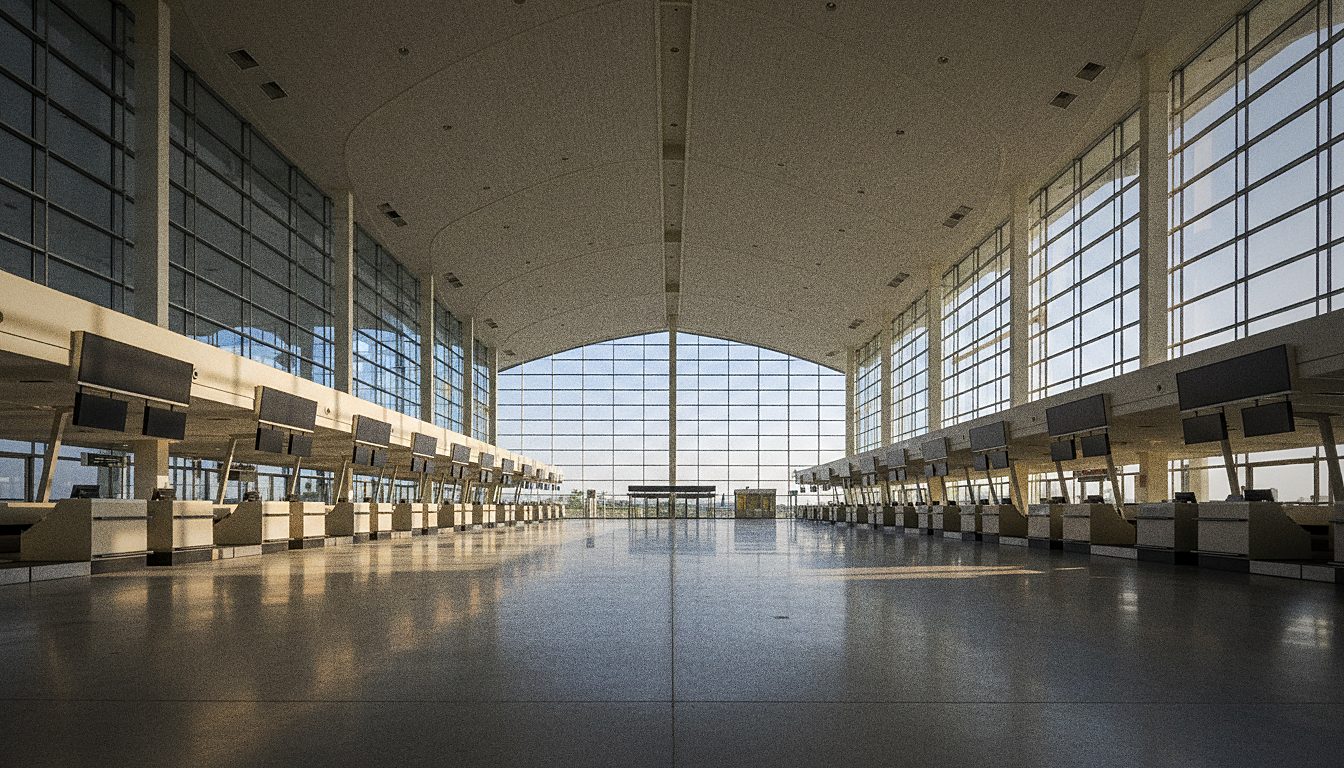 Abflughalle mit Check-in-Schaltern am Flughafen Tirana