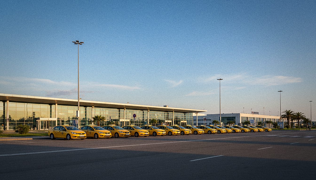 Taxistand mit gelben Taxis vor der Ankunftshalle des Flughafens Tirana
