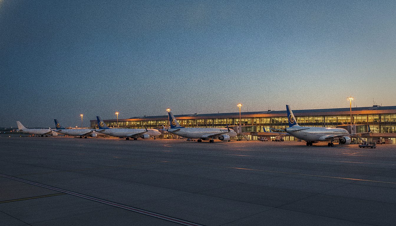 Vorfeld des Flughafens Tirana mit parkenden Flugzeugen